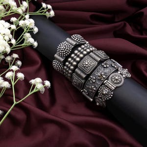 Quirky Fashions Premium Silver Replica Kada Bangle Set – Black Polish, Free Size, Available in Sets of 5 or 10 | Indian ethnic Jewelry