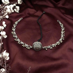 Oxidized Silver Ghughri Drop Vintage Inspired Intricate Borla, Handcrafted Indian Silver Hair Accessory,Silver Hair Chain,Head Jewellery