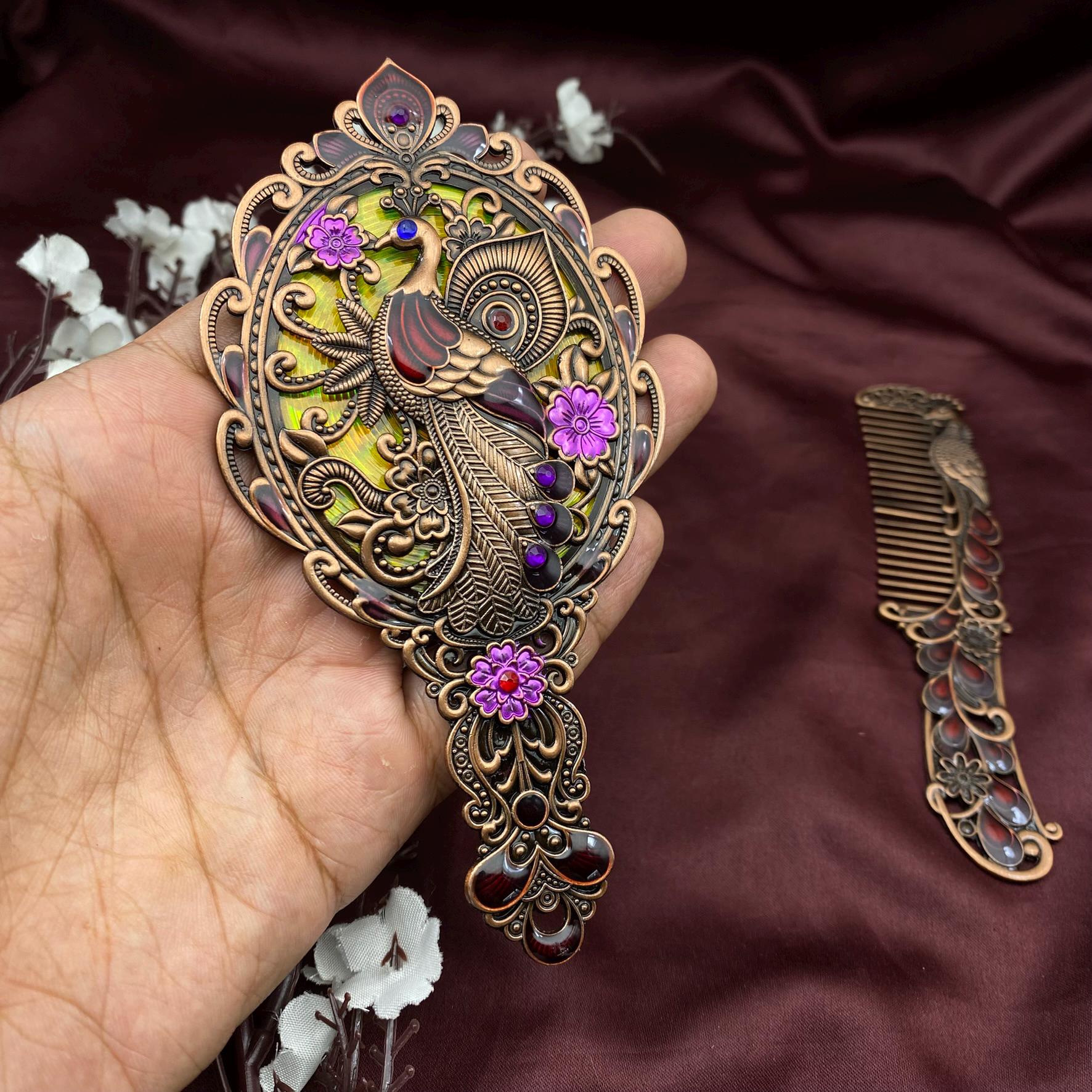 Vintage Peacock Comb & Butterfly Mirror Vanity Set | Deep  display picture 2