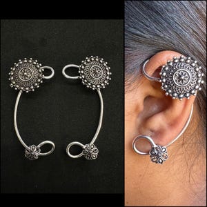 Oxidized Silver Ear Cuff – Tribal Floral, Serpent & Star Designs – Non-Pierced Boho Jewelry