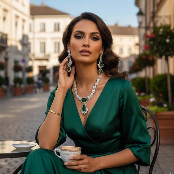 Emerald Green Crystal Necklace and Earrings Set, Pear Cut Teardrop Pendant, Bridal & Formal Evening Wear, Gift for Her by Quirky Fashions