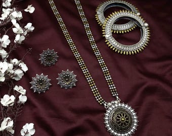 Oxidized Silver & Brass Sunburst Jewelry Set: Necklace, Earrings, Bangles