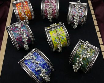Handmade Meenakari Kada Bracelet • Indian Kada Chura • Statement German Silver Bangle • Floral Printed Kada with Pearl Latkan Ghungroo