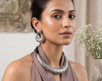 Oxidized Silver Choker Set | Boho Tribal Floral Statement Jewelry, Hoop Earrings