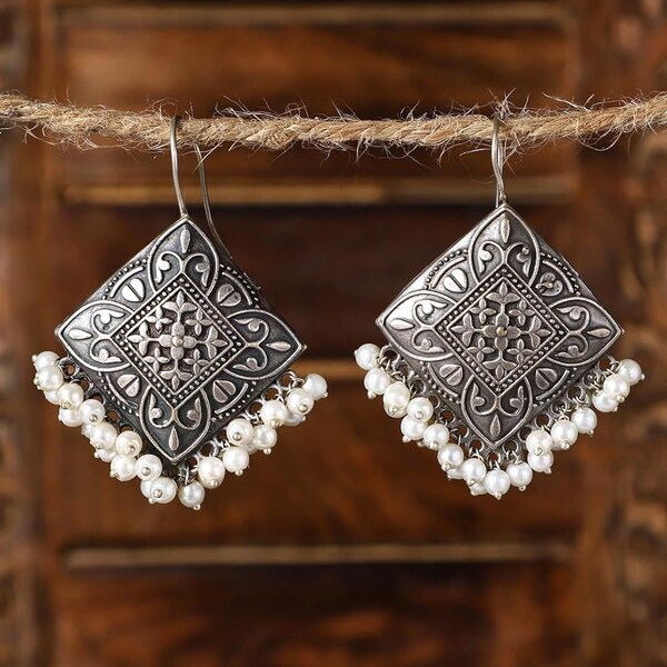 Bollywood indian oxidised earrings kite shape german silver stud for women silver jewelry traditional boho style jewelry silver replica