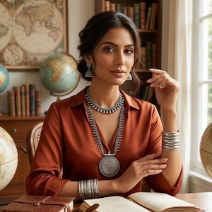 Puede incluir: Una mujer con una camisa color óxido y joyas de plata. Las joyas incluyen un collar de cuentas, un collar colgante largo, aretes y múltiples brazaletes. El fondo presenta globos terráqueos, libros y un mapa del mundo.