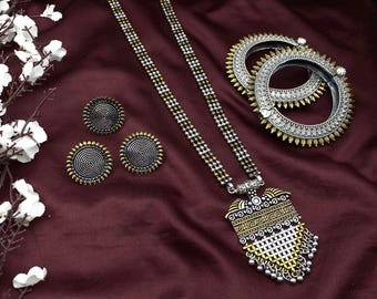 Indian Dual Tone Oxidised Jewelry Set, Long Necklace Set, Ethnic Jewelry, Temple Jewelry, Gift For Her, Indian Jewelry Necklace Set, Jewelry