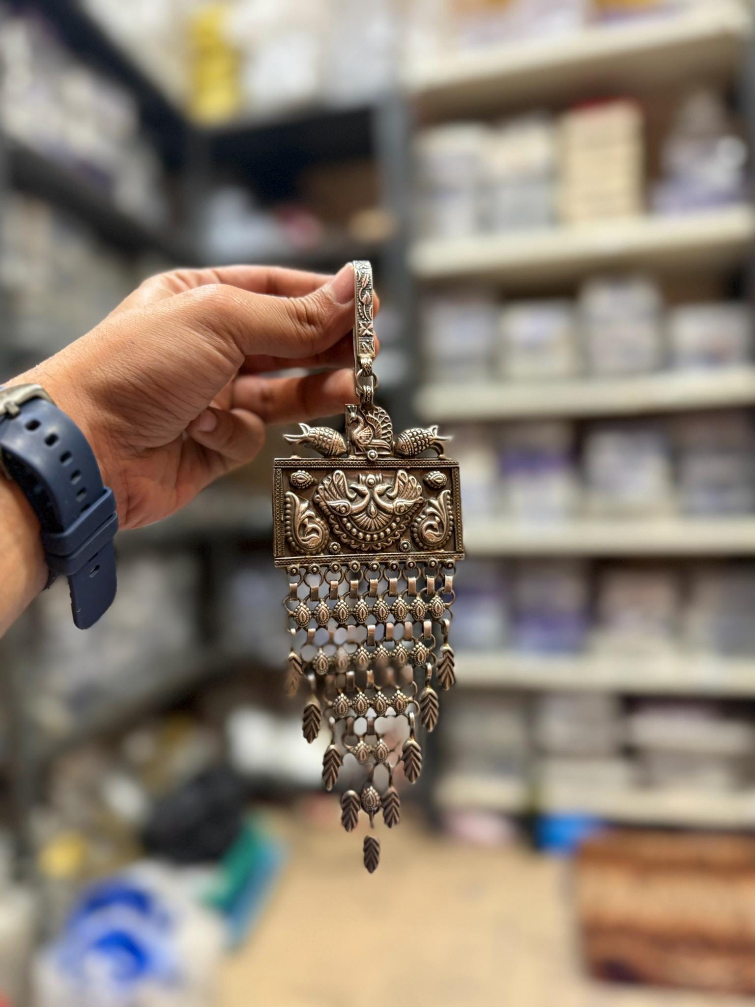 Oxidized Silver Floral Challa Key Chain | Rectangular Saree Side