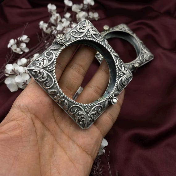 Antique Square Bangles With Oxidized Silver & Gold Detailing