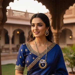 May include: A woman wearing a royal blue sari with gold embroidery. She is adorned with a pearl necklace and matching gold earrings. The sari features intricate gold detailing on the sleeves and neckline, creating an elegant ensemble.