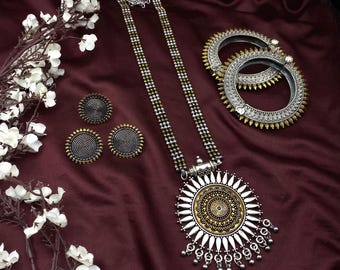 Oxidized Silver Brass Jewelry Set: Tribal Necklace, Earrings, Bangles