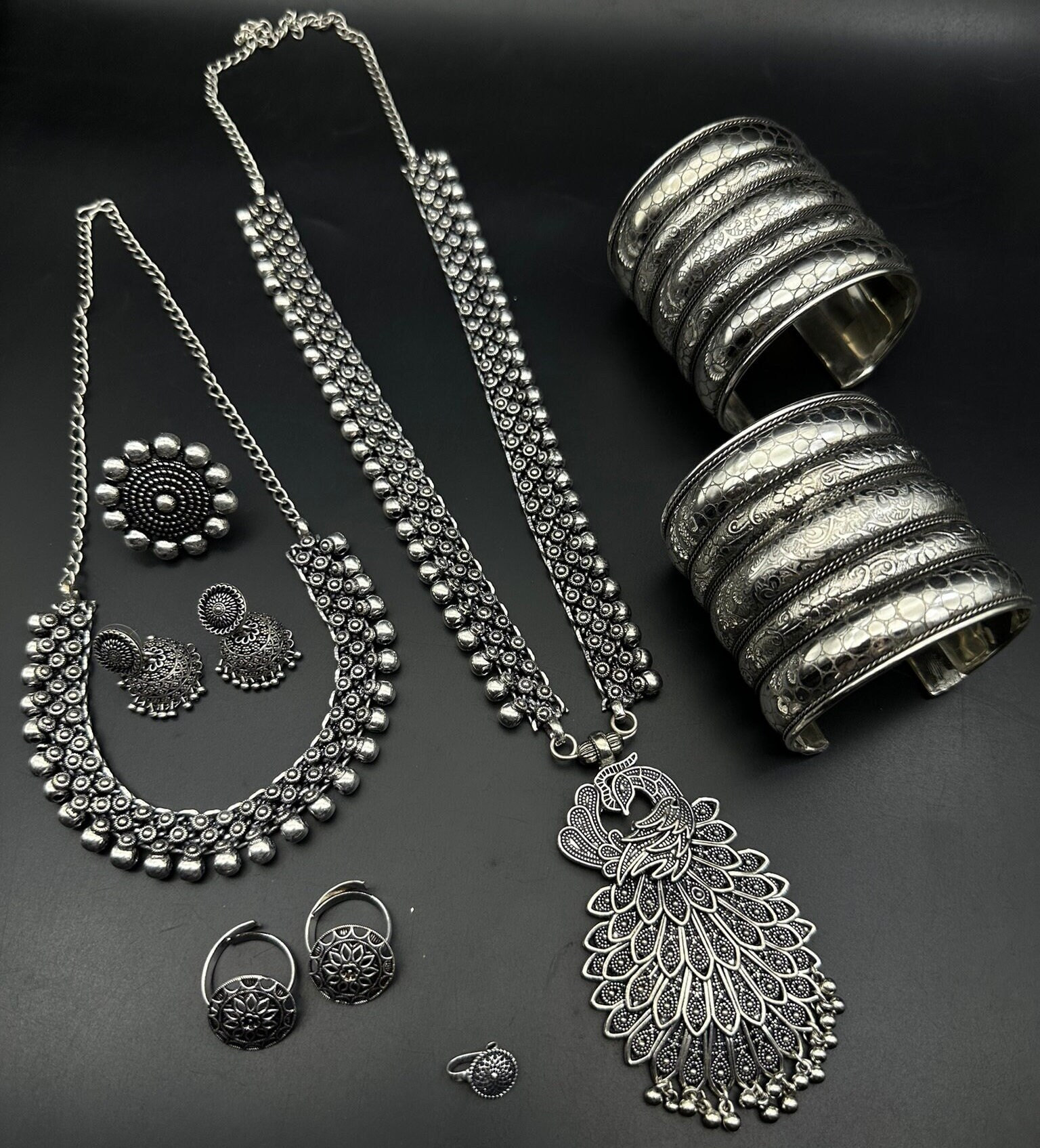 QuirkyFashions Set of 7 PC Boho Long Necklace Set Oxidized Jewelry Set Ethnic Jewelry Temple Jewelry Gift for Her Indian Jewelry Necklace Set Tribal
