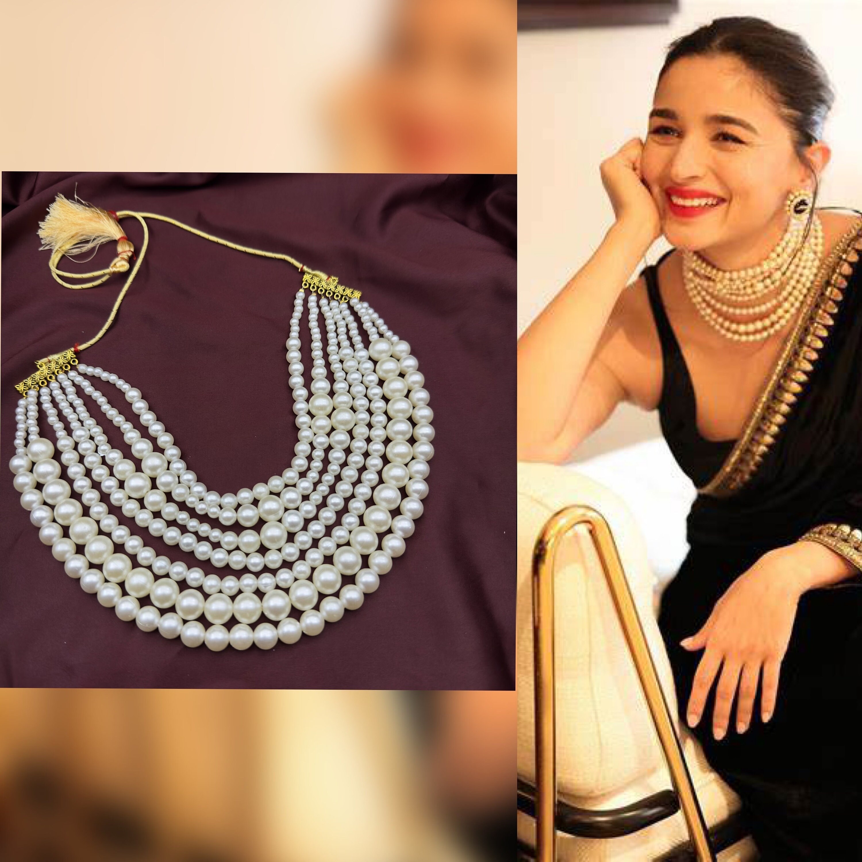 Aheli Pearl & Diamond Choker Necklace Set For Women | Indian Bollywood Jewelry, Maroon & White (Necklace & Earrings)