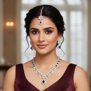 Parure de bijoux élégante feuille et fleur avec diamants américains en bleu et rubis par Quirky Fashions