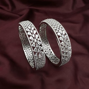 American Diamond Bangle Pair: Indian Silver Jewelry, Pear Stone (Size 2.4)