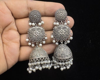 3 Step Indian Oxidised Silver Jewelry Long Jhumka Earrings for women Temple Jewelry Designer Jewelry for ladies kurti & sarees