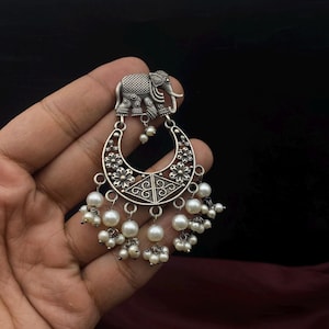 Antique Silver Elephant Dangle Earrings with Pearls - Boho Statement Jewelry