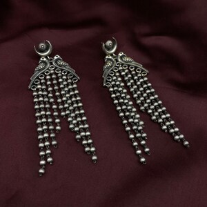 Handcrafted Oxidized Silver Bird Earrings with Dangling Chains - Traditional Ethnic Statement Jewelry