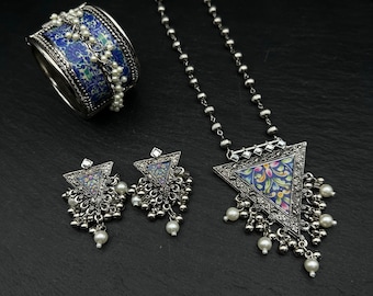Oxidized Silver Jewelry Set: Banjara Necklace, Bangle & Earrings