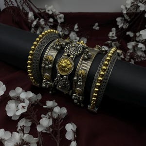 Quirky Fashions Dual tone Silver oxidized Kada bangle set of 5 Size 2.4 and 2.6 | Openable antique silver Kada bangles Ethnic wear