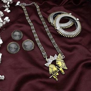 Radha Krishna Dual tone combo Pendant Necklace Set | Oxidized Silver Jewelry | Ethnic Boho Statement Set | Navratri Jewelry Combo