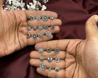 Set di perni per il naso in argento ossidato: gioielli indiani per il naso forato