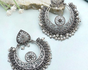 Silver lookalike indian oxidised earrings chandbali german silver stud for women silver jewelry traditional boho style jewelry