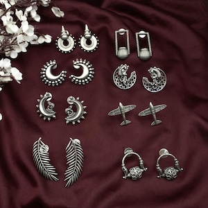 Oxidized Silver Earring Set | Tribal, Crescent, Leaf, Airplane & Geometric Studs | Quirky Fashions | Boho Bohemian Jewelry Pack of 1,4, 6, 8