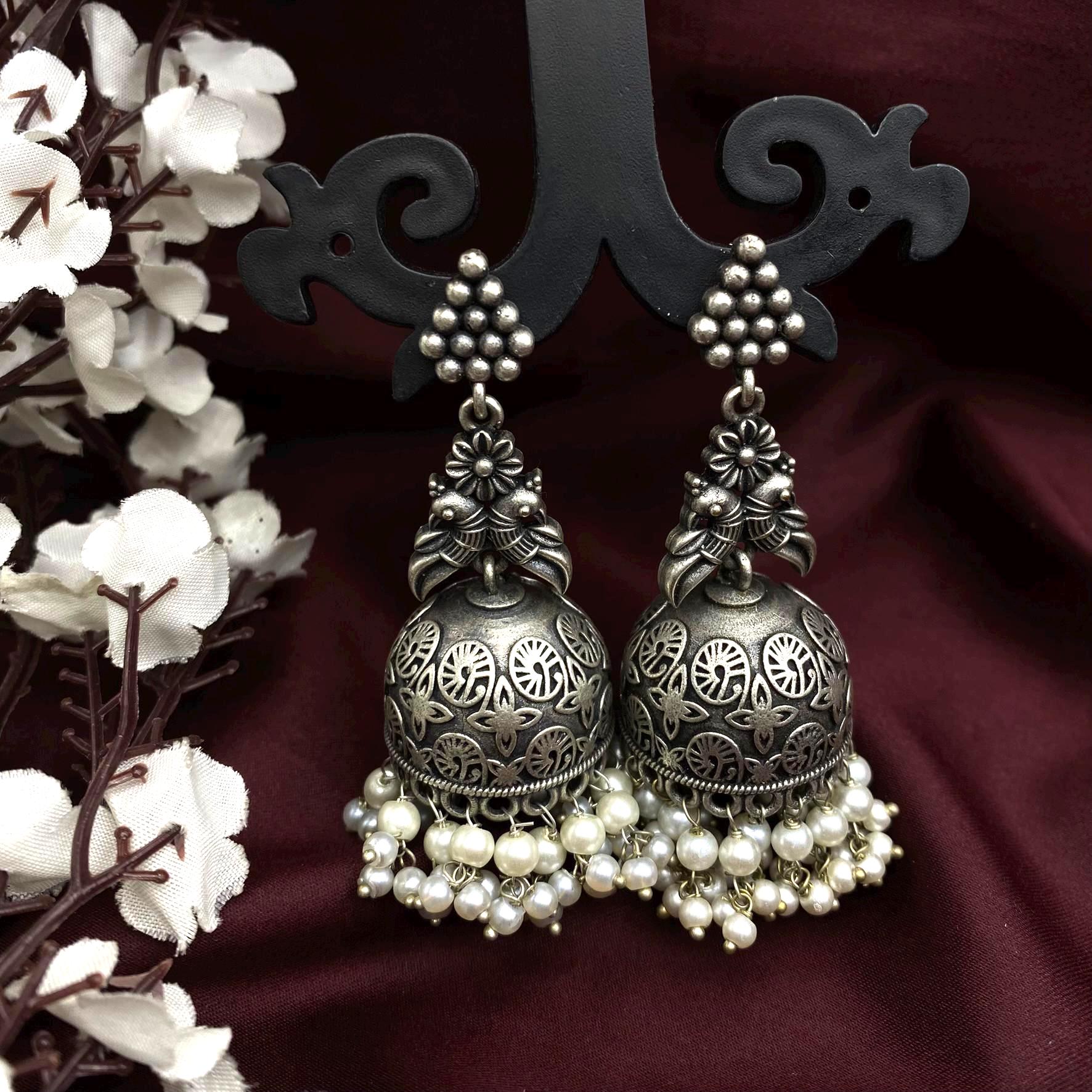 Afghani Oxidized Silver Alloy Metal Partywear Light Weight Chandbali 3 Jhumki Dangler Earring For Women And Girls. | K M HandiCrafts India