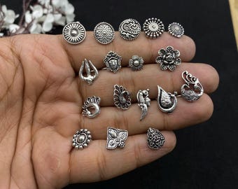 Perni nasali in argento ossidato: set di gioielli da piercing indiani