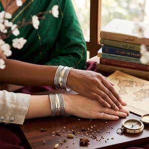 May include: Two silver-toned cuff bracelets with intricate patterns are displayed on wrists. The bracelets have a wide band with detailed designs. The image also shows books, a compass, and spices on a wooden surface, suggesting a theme of travel or exploration.