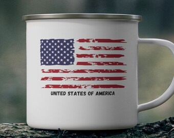 May include: White enamel camping mug with a distressed American flag design and the text "United States of America".