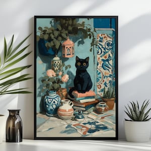 Black Cat on Books Art Print, Moroccan Blue Tile Painting, Lantern and Pottery Mediterranean Wall Decor, Cat and Book Lover Gift