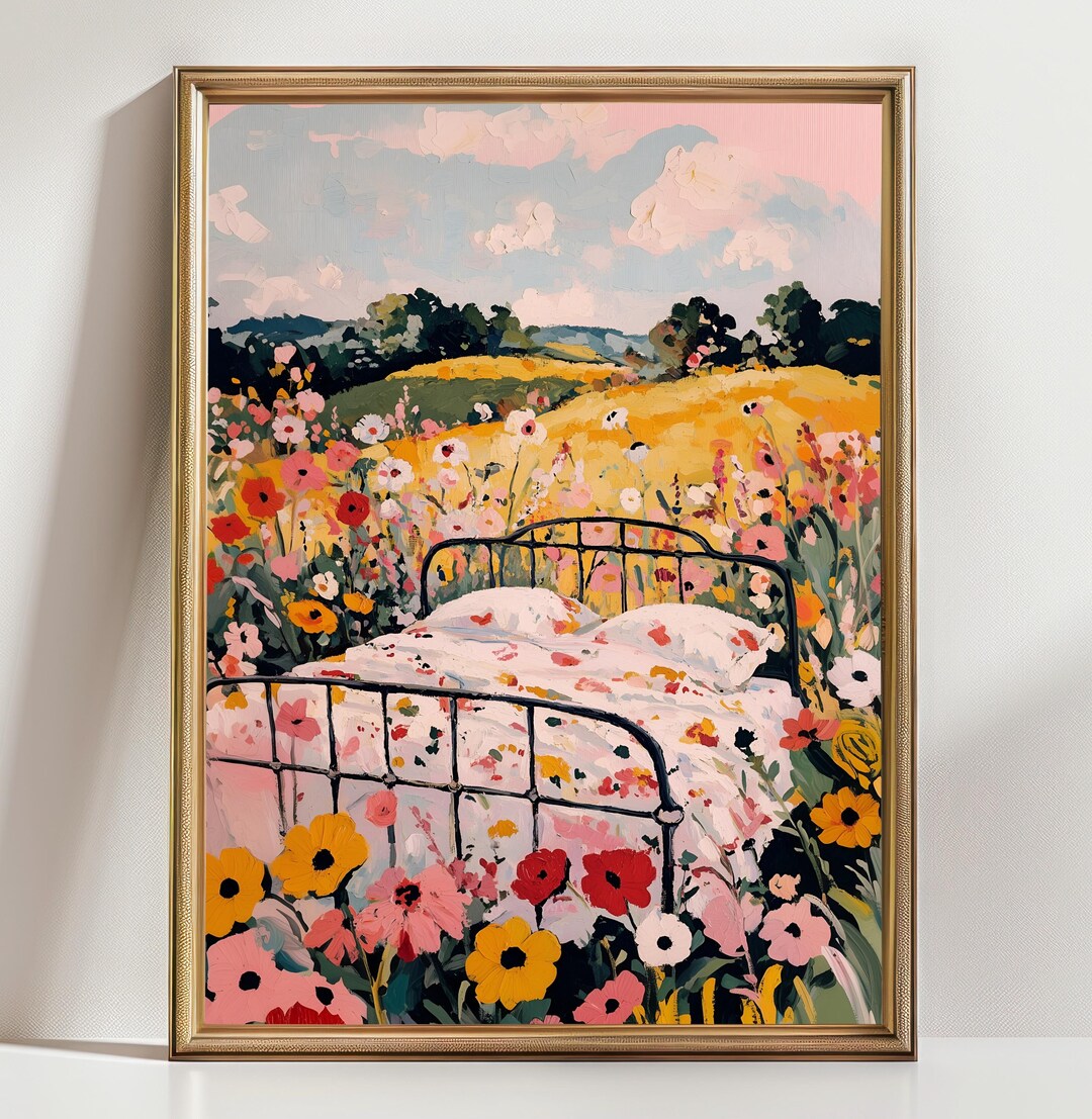 Country Core Cottagecore Bedroom Wall Art Print, Floral Field Bed Painting, Romantic ...