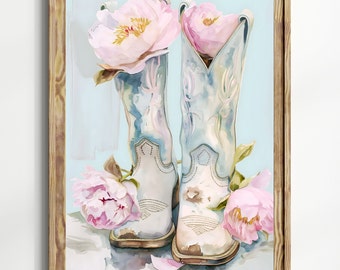 Floral Coastal cowgirl boots wall art, floral western nursery print, cowgirl boot with flower, pastel pink western print