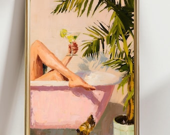 Margarita in Pink Bathtub Wall Art – Tropical Self Care Painting, Woman Relaxing with Cocktail, Feminine Spa Decor, Modern Bathroom Artwork