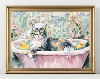 May include: A framed print of a cat in a pink bathtub with bubbles and two yellow rubber duckies. The cat has gray, brown, and white fur and is surrounded by bubbles. The background features floral and tile patterns.