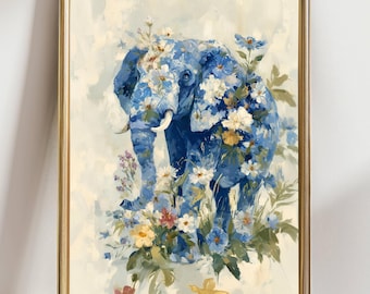 May include: A framed art print featuring a blue elephant adorned with white and blue flowers. The artwork has a painterly style, with the elephant surrounded by colorful blooms and greenery. The frame is gold.