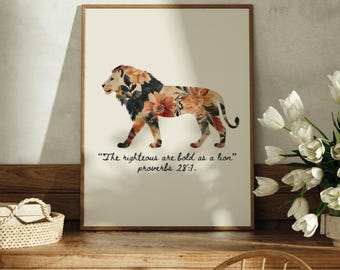 Impresión de arte cristiano de pared con diseño de león floral, versículo bíblico de Proverbios 28:1, los justos son valientes como un león, decoración de guardería bohemia con fe