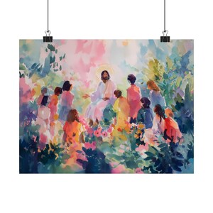 Jesus Teaching Art Print - Colorful Garden Sermon Scene - Uplifting Christian Wall Decor for Faith & Home image 7