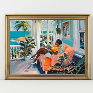 Vibrant Black Girl Reading Poster, Cozy Beach Home Decor, African American Art, Vibrant Home Decor black art, Black Girl  Art Print