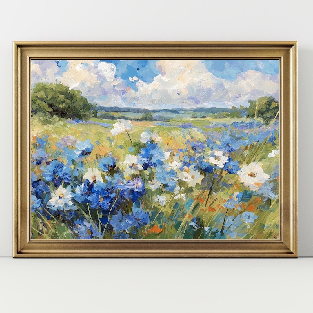 Blue Wildflower Field Wall Art Print, Floral Landscape Painting ...