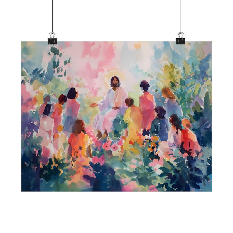Jesus Teaching Art Print - Colorful Garden Sermon Scene - Uplifting Christian Wall Decor for Faith & Home image 8