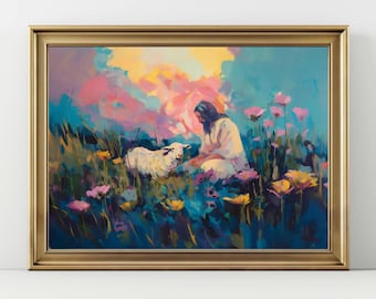 Arte mural en colores pastel de Jesús con cordero: impresión cristiana pacífica, colorida obra de fe, decoración religiosa para el hogar o la habitación de los niños.