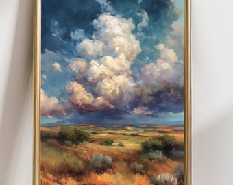 Dramatic Cloudscape Art Print, Prairie Landscape Wall Decor, Colorful Sky Painting, Western Nature Scene, Bold Horizon Artwork