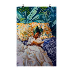 Cuadro de mujer negra leyendo, lámina artística que empodera a las chicas negras, decoración acogedora para amantes de los libros. imagen 7