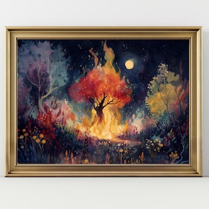 May include: A framed watercolor painting depicts a vibrant forest scene at night. A tree ablaze with orange and red flames is the focal point, surrounded by colorful foliage and a full moon. The artwork is set in a gold frame.