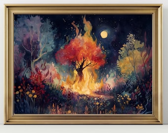 Arte mural de la zarza ardiente, pintura bíblica de Moisés en la zarza ardiente, decoración cristiana espiritual, obra de arte del árbol en llamas, arte de la historia bíblica religiosa