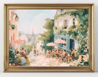Paris Street Café Art Print – Romantic French Cityscape Painting, Vintage Paris Wall Art Impressionist Travel Decor Montmartre Scene Artwork