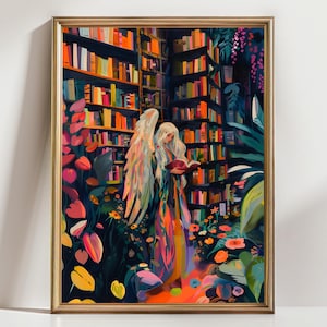 May include: A framed art print depicts a fantasy scene of a figure with angel wings reading in a library. The library is filled with colorful books and lush greenery. The artwork has a vibrant, painterly style with a gold frame.